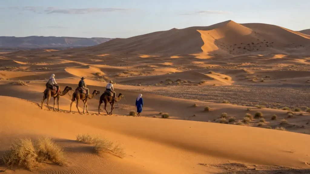 Camel trek crossing the Erg Chebbi dunes in the late afternoon in Morocco in April