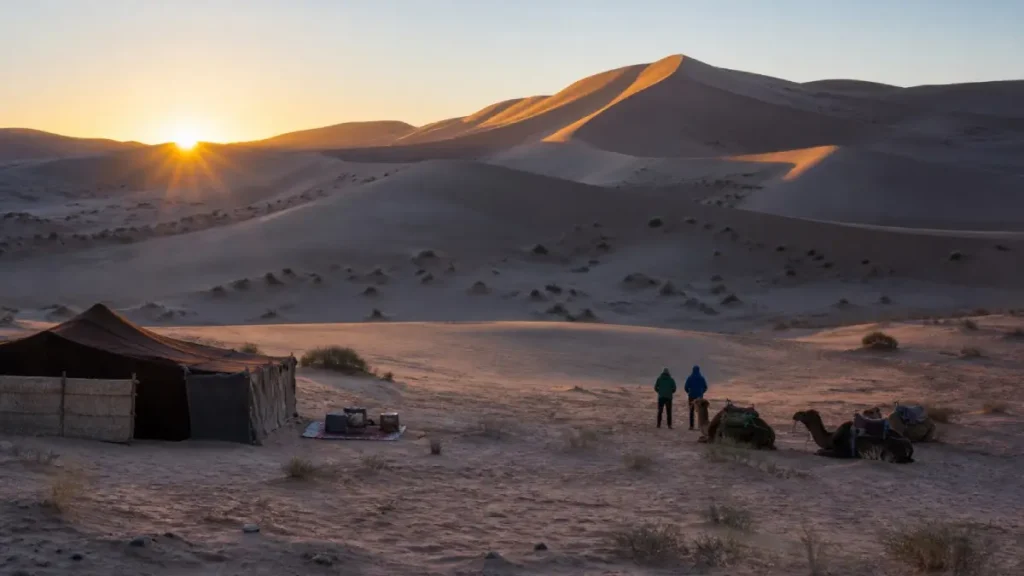 Travelers wearing warm layers beside camels in the Sahara Desert at sunrise in March