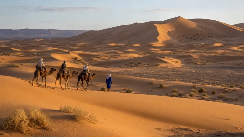Travellers preparing for an early-morning camel excursion in the Erg Chebbi dunes in May