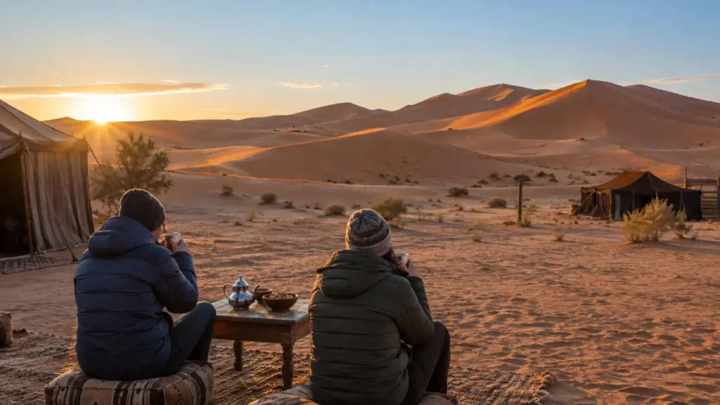 Travelers wearing warm jackets at a Sahara camp in February