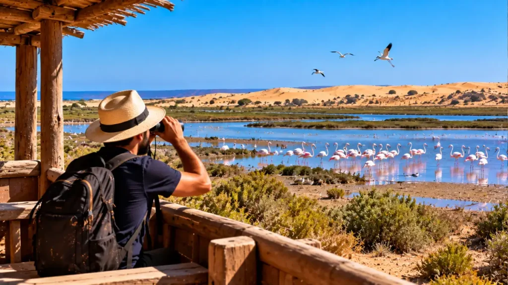 Traveler watching birds in Souss-Massa National Park on a day trip from Agadir