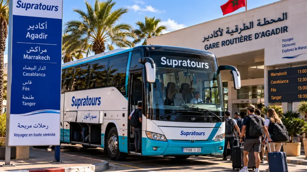Supratours bus at Agadir station for travel to Marrakech
