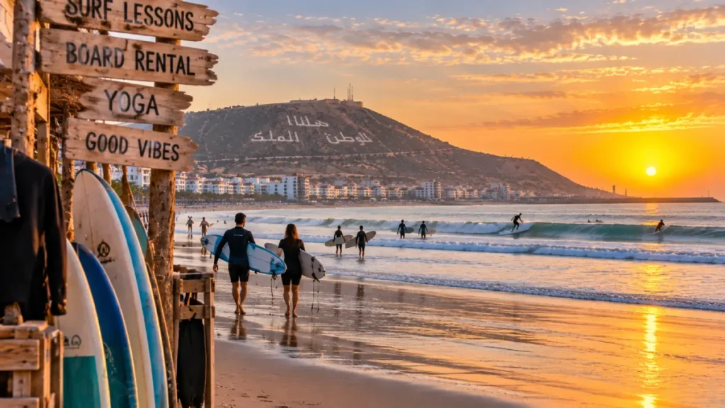 Surfers walking into the Atlantic Ocean at Agadir Beach in Morocco Things to Do in Agadir.