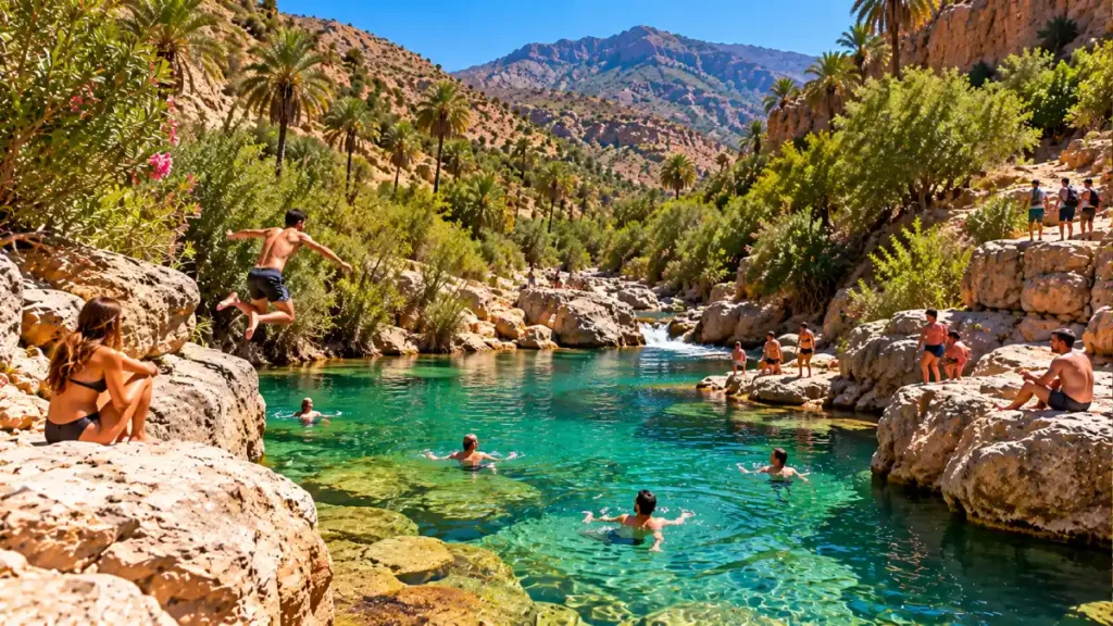 Travelers swimming in the natural pools of Paradise Valley near Agadir