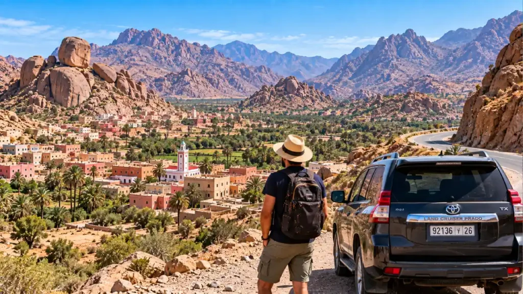 Traveler overlooking Tafraoute and the Anti-Atlas on a scenic day trip from Agadir
