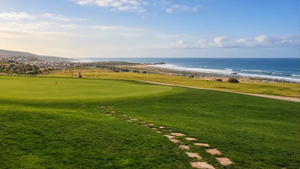 Taghazout Bay coastal resort area with golf course and Atlantic Ocean views