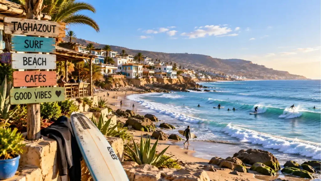 Surfers on the beach in Taghazout with the coastal village in the background