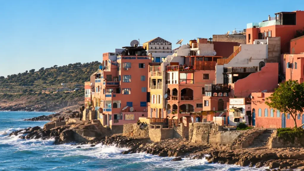 Waterfront houses in Taghazout village on Morocco’s Atlantic coast