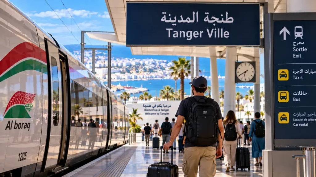 Traveler arriving at Tanger Ville station on the Al Boraq train in Tangier