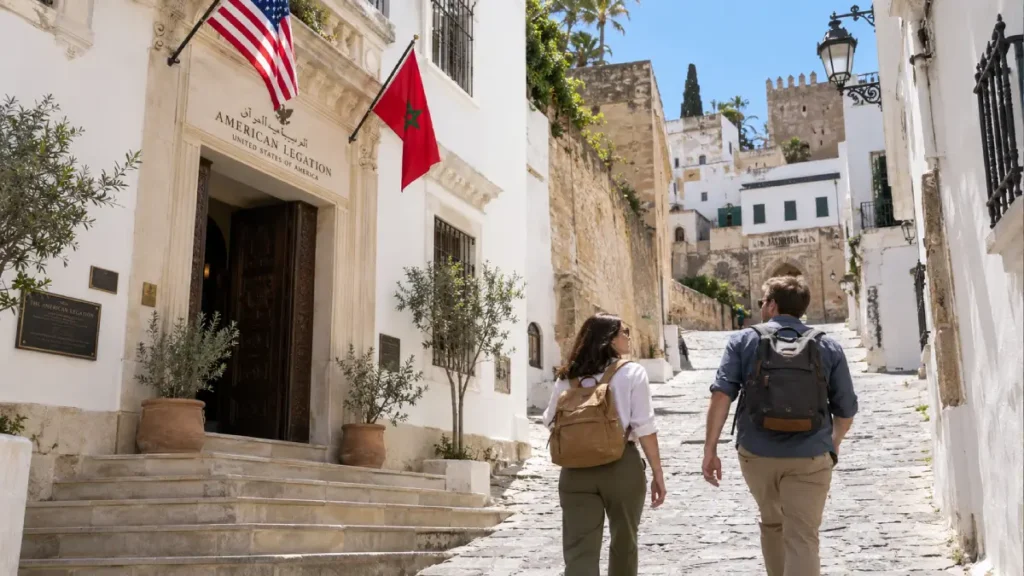 Travelers walking uphill toward the Kasbah in Tangier with the American Legation on the left