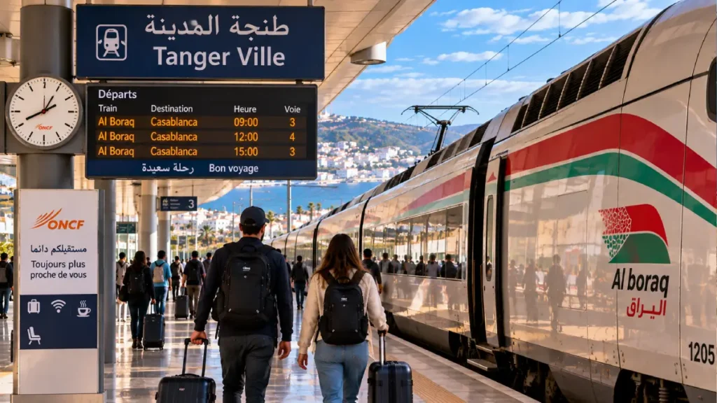 Travelers boarding the Al Boraq train at Tanger Ville for Casablanca