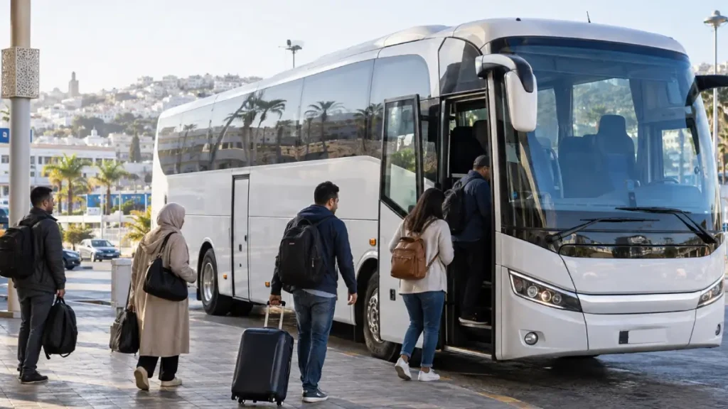 Passengers boarding an intercity bus for the journey from Tangier to Chefchaouen