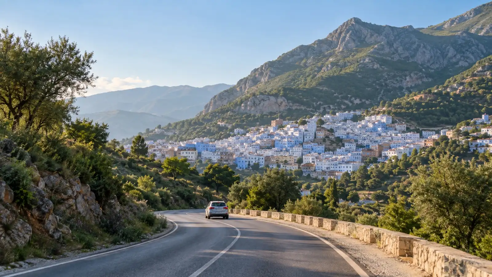 Car approaching Chefchaouen on a winding road through the Rif Mountains
