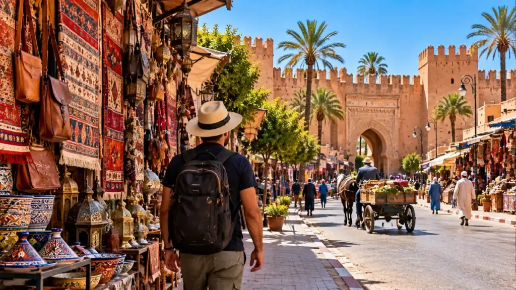 Traveler exploring Taroudant souks and historic ramparts on a day trip from Agadir