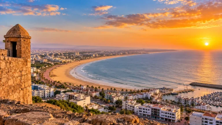 Panoramic view of Agadir Beach and the Atlantic coast from Agadir Oufella at sunset