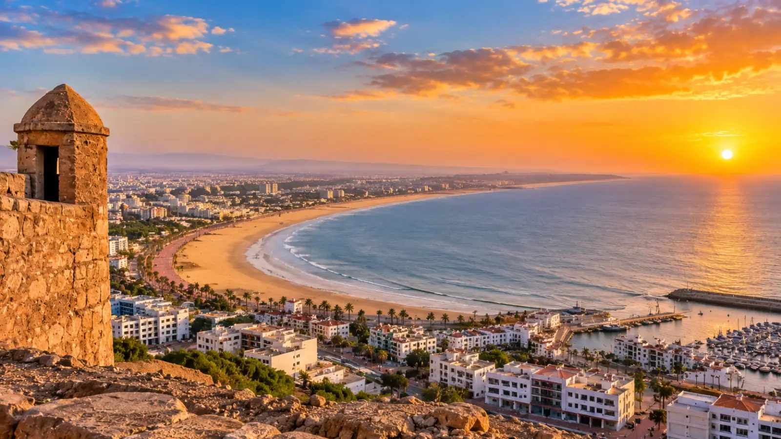 Panoramic view of Agadir Beach and the Atlantic coast from Agadir Oufella at sunset