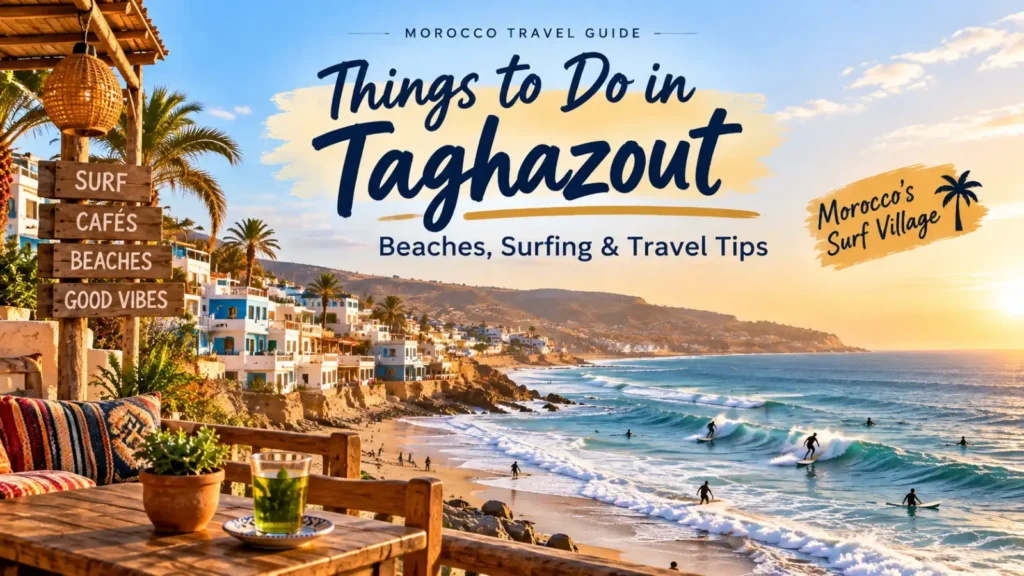 Taghazout coastline with surfers, beach and hillside village in Morocco