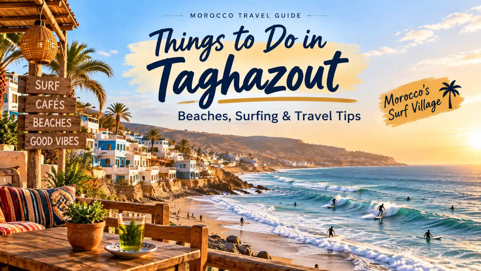Taghazout coastline with surfers, beach and hillside village in Morocco