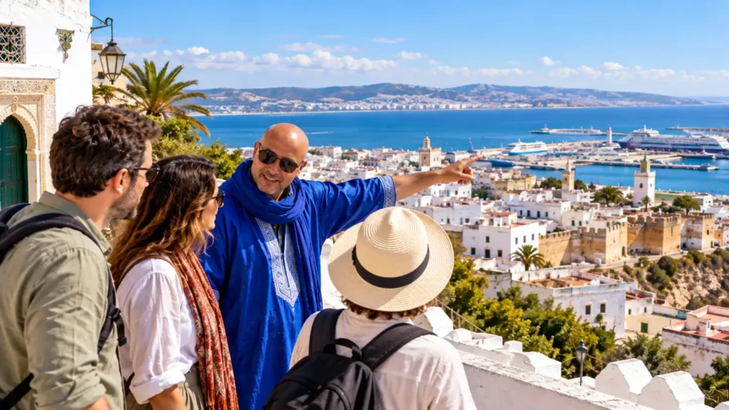 Private Tangier city tour with local guide and travelers overlooking the Medina and port
