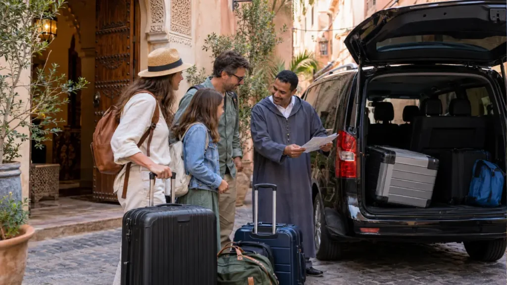 Family with luggage meeting a private driver beside a minivan in a Moroccan medina
