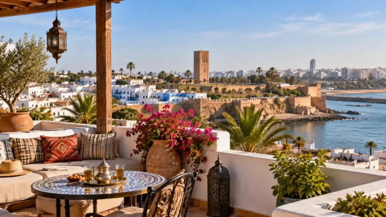 Rooftop terrace overlooking Rabat Medina and historic landmarks in Morocco