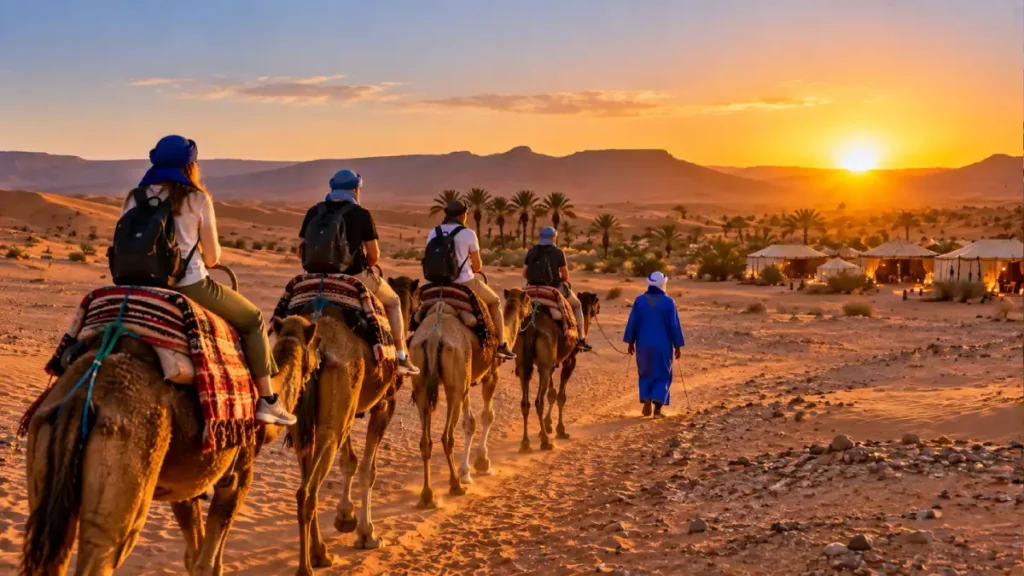Travelers riding camels near Zagora at sunset on a two day desert tour from Marrakech