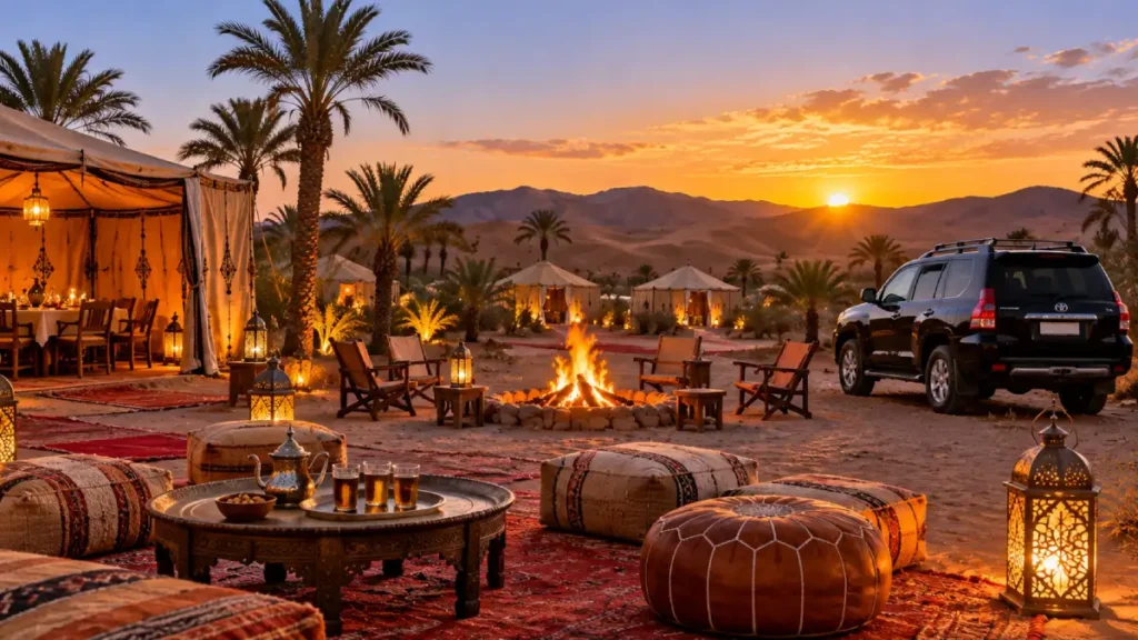 Desert camp near Zagora at sunset with tents, lanterns and a Toyota Prado