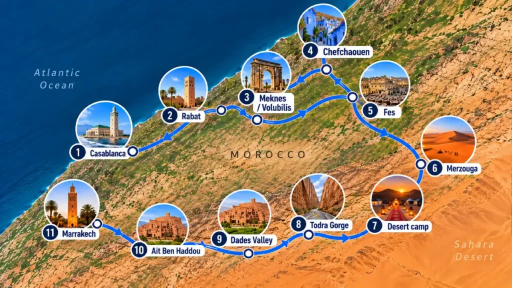 10-day Morocco tour from Casablanca route map via Chefchaouen, Fes, Merzouga and Marrakech