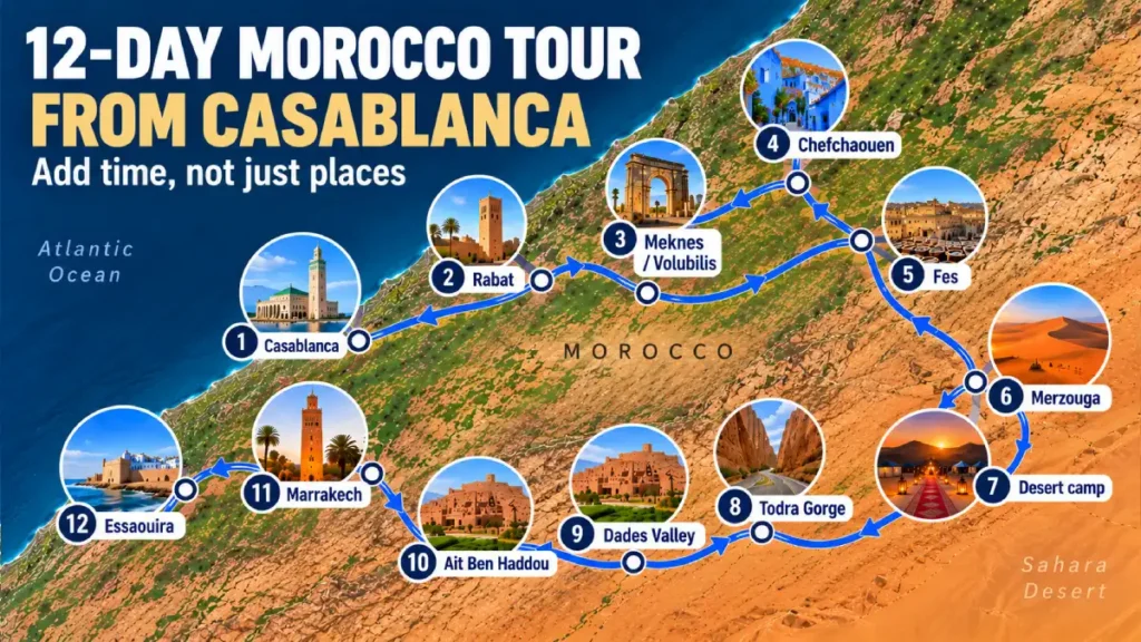 12-day Morocco tour from Casablanca route map via Chefchaouen, Fes, Merzouga, Marrakech and Essaouira
