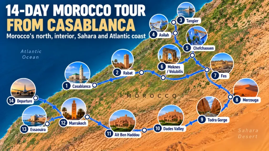 14-day Morocco tour from Casablanca route map via Tangier, Chefchaouen, Fes, Merzouga, Marrakech and Essaouira