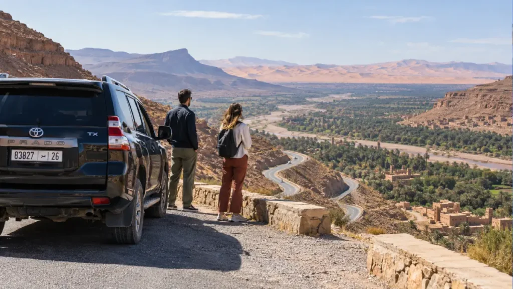 Black Toyota Prado TX stopped at a Ziz Valley viewpoint with travelers overlooking the winding road, palm groves and desert landscapes on a Fes to Merzouga tour