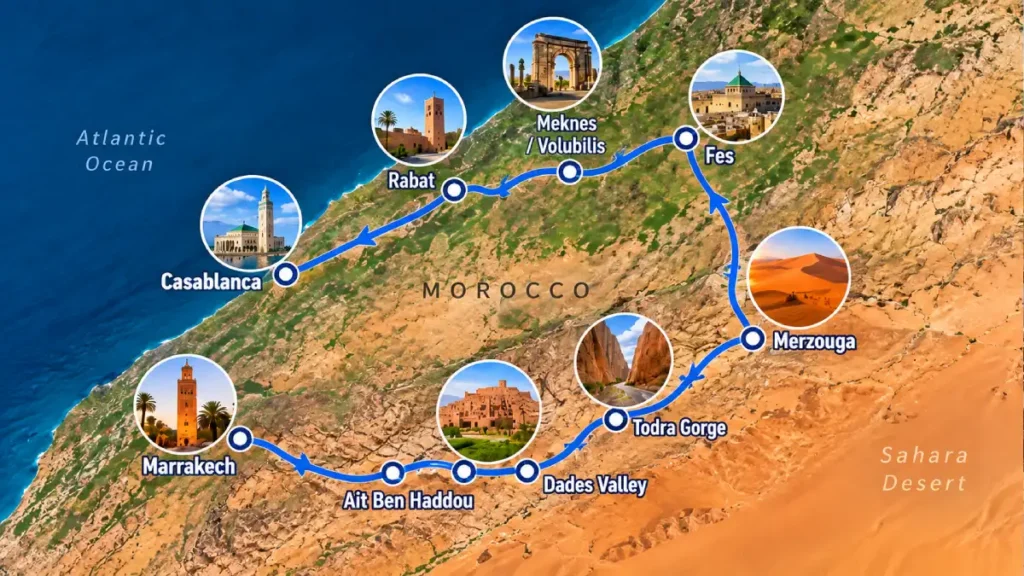 7-day Morocco tour from Casablanca route map via Rabat, Fes, Merzouga, Dades Valley and Marrakech