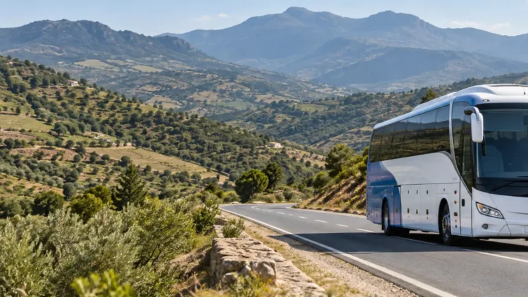 Intercity coach traveling through the Rif foothills on the road from Chefchaouen to Fes