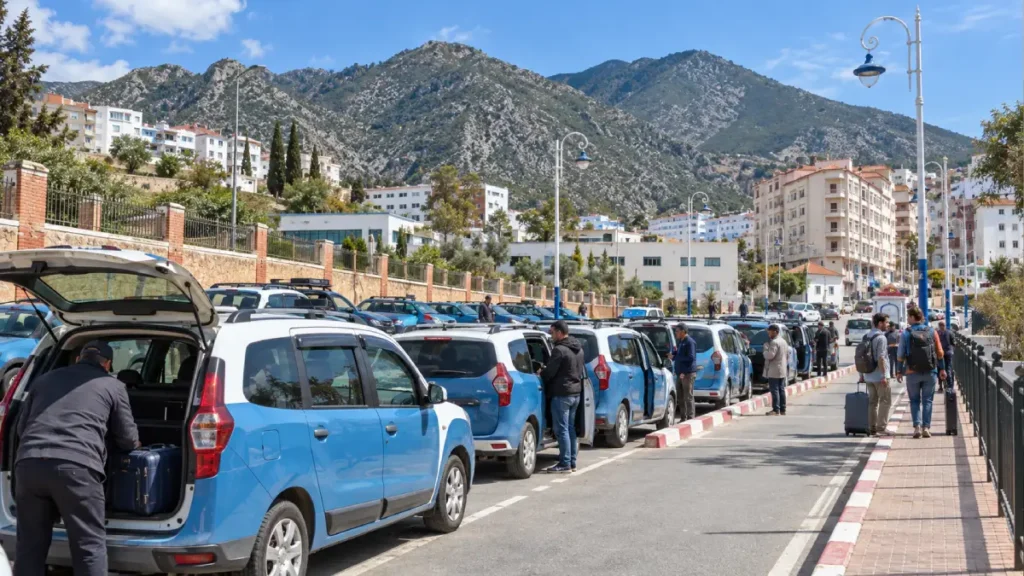 Blue and white shared grand taxis waiting at a rank in Chefchaouen, with the Rif Mountains behind