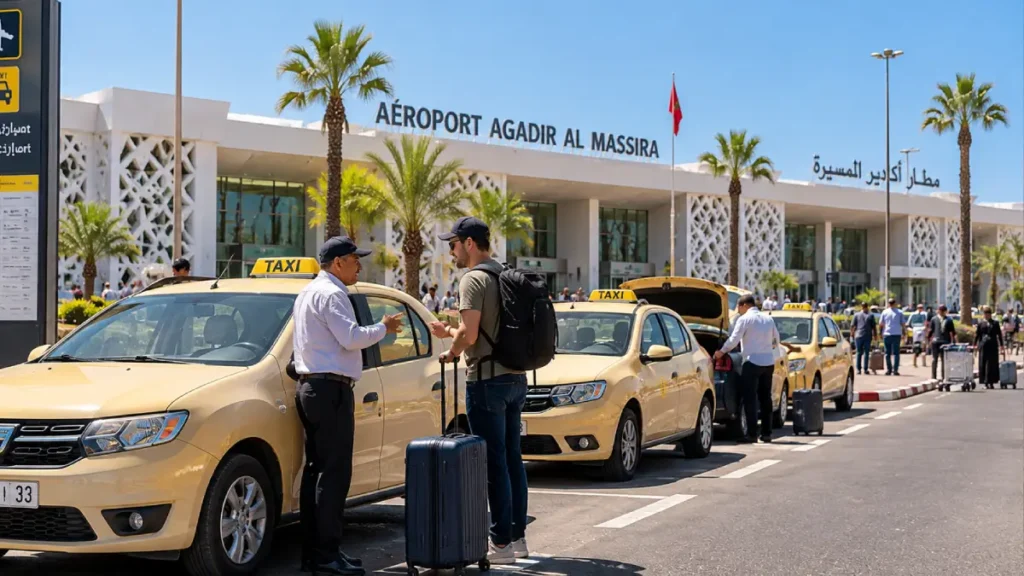 Airport taxis outside Agadir Al Massira Airport with traveler confirming the fare before departure