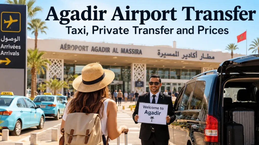 Agadir airport transfer with airport taxis, private driver and luggage outside Agadir Al Massira Airport