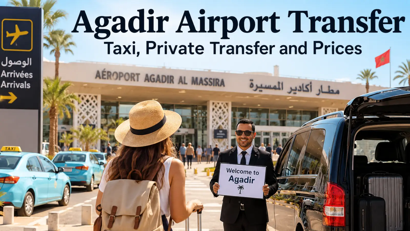 Agadir airport transfer with airport taxis, private driver and luggage outside Agadir Al Massira Airport