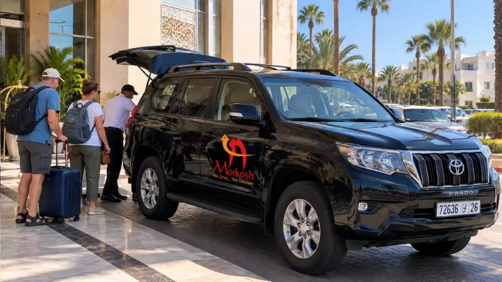 Morkosh Tours black Toyota Prado loading travelers and luggage for a private transfer from Agadir to Essaouira