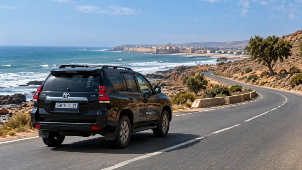 Black Toyota Prado driving along the Atlantic coastal road from Agadir to Essaouira