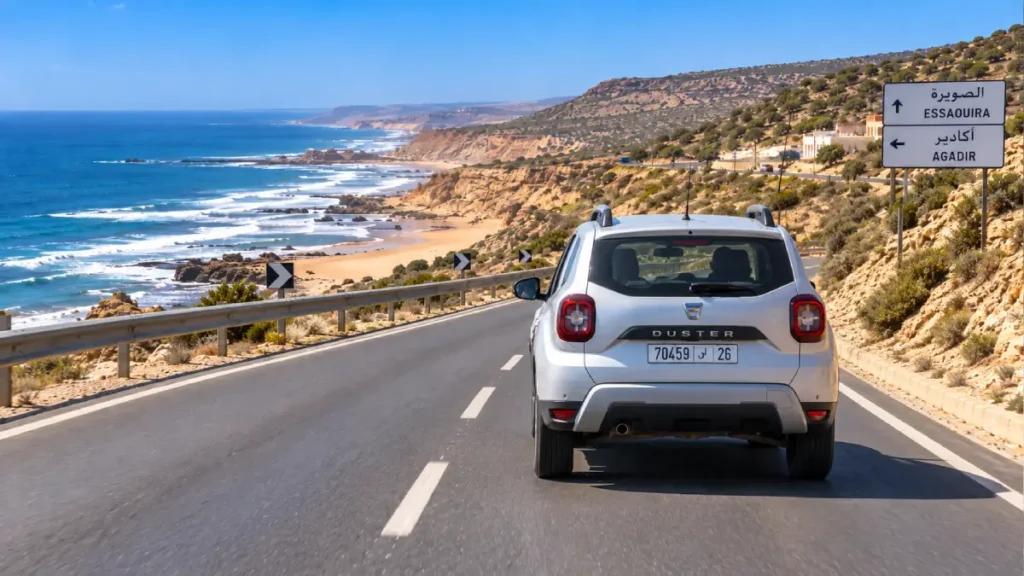 Rental car driving correctly along the N1 coastal road from Agadir toward Essaouira