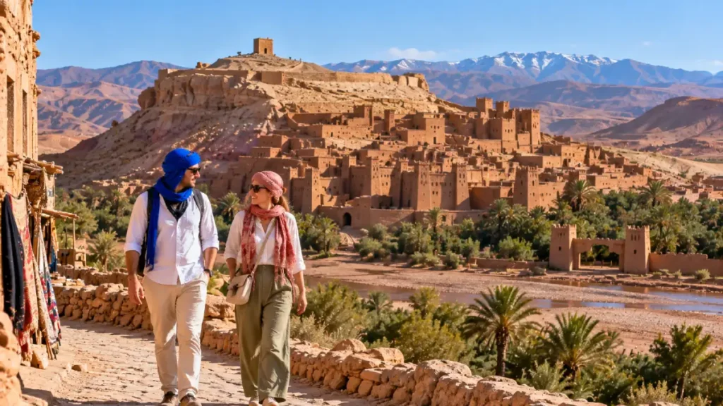 Travelers walking near Ait Ben Haddou on the route from Dades Valley to Marrakech