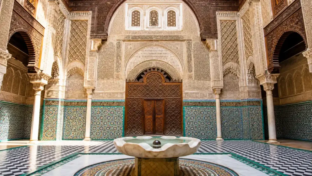 Al-Attarine Madrasa in Fes with carved stucco, zellij tilework, wooden details and central courtyard fountain