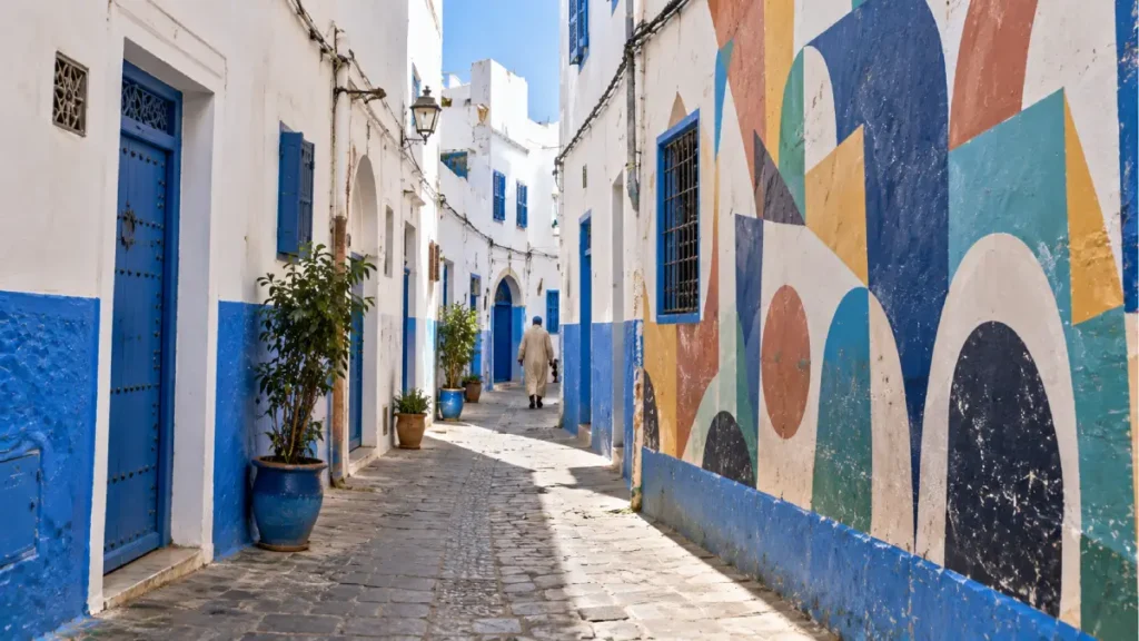 Asilah Morocco Medina street with colorful wall murals, whitewashed houses, blue doors and traditional cobblestone lanes.