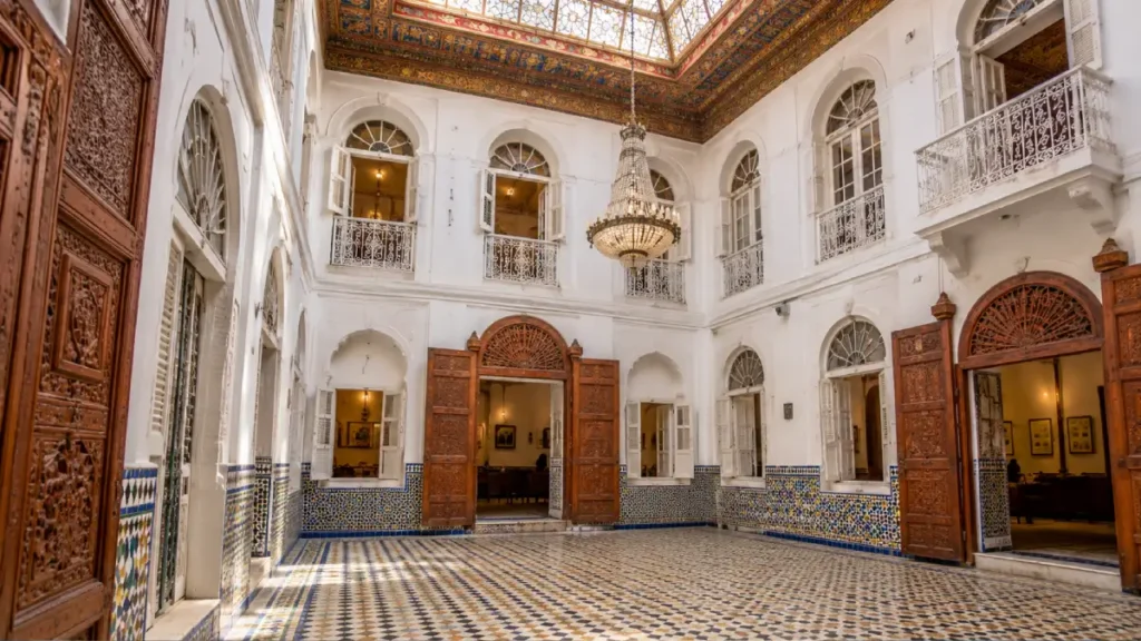 Raissouli Palace in Asilah, Morocco, featuring a traditional interior courtyard with white arches, carved wooden doors, colorful zellige tilework and an ornate chandelier.