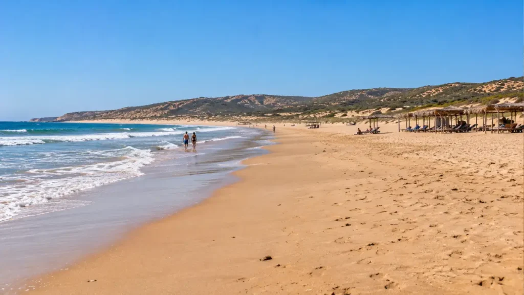 Sidi Mghait Beach near Asilah, Morocco, featuring golden sand, Atlantic waves, natural coastal hills and traditional beach shelters.
