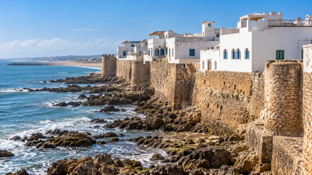Asilah Morocco travel guide featuring whitewashed Medina houses, historic Portuguese ramparts and the rocky Atlantic coastline.