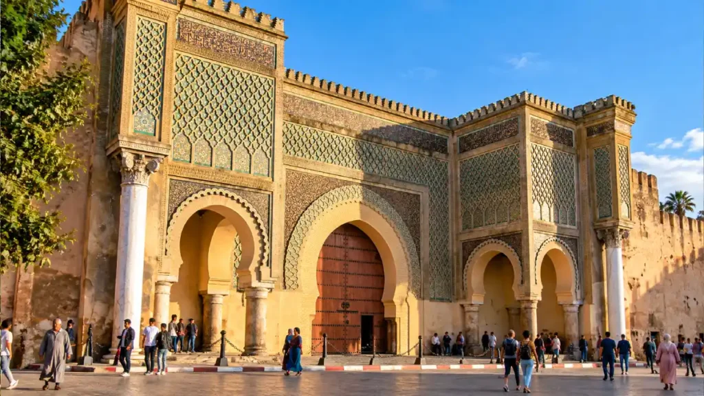 Bab Mansour Gate in Meknes with traditional Moroccan architecture, decorative zellij tiles and visitors exploring the historic imperial city