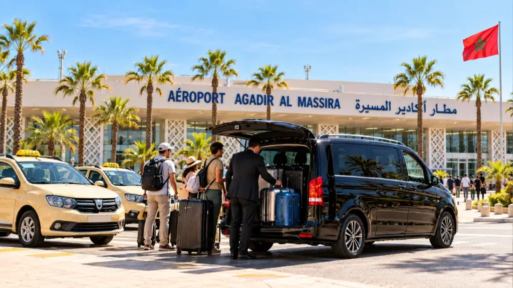Airport taxis and black van picking up travelers with luggage outside Agadir Al Massira Airport