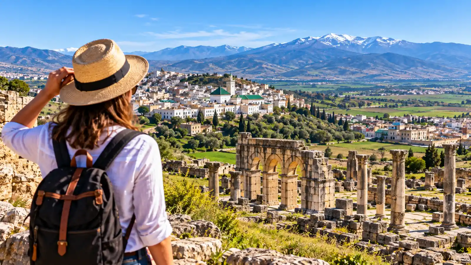 Best day trips from Fes featuring a traveler exploring Roman ruins inspired by Volubilis with scenic northern Morocco landscapes