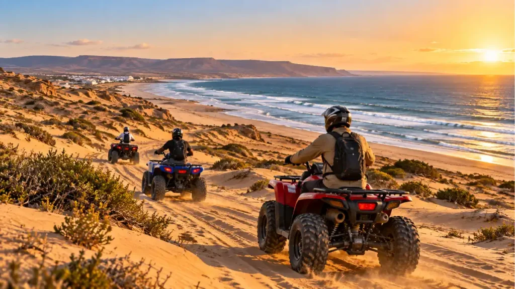 Quad bikers riding across coastal dunes near Agadir with the Atlantic Ocean at sunset